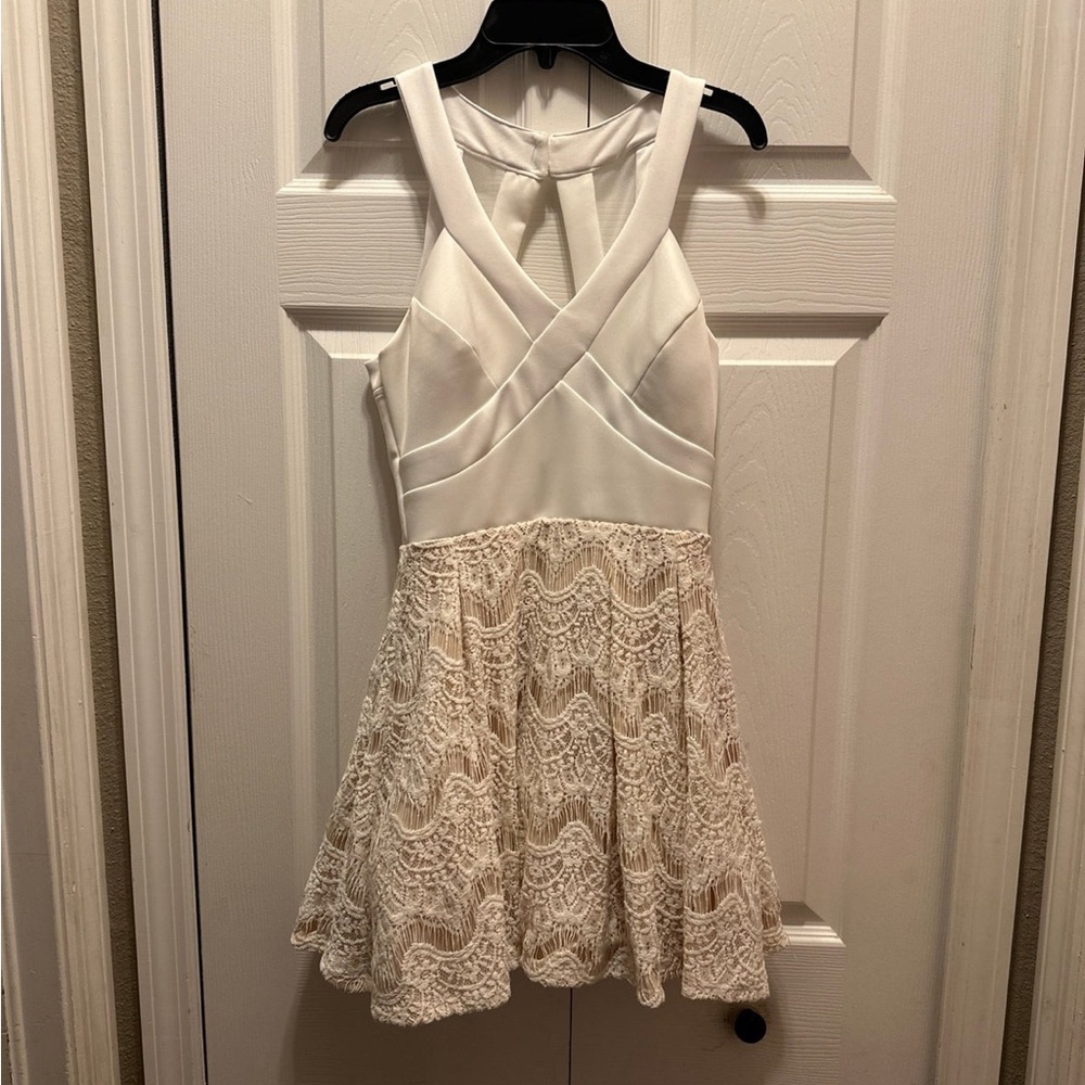 Homecoming or banquet dress, top is white and bottom is off-white lace.